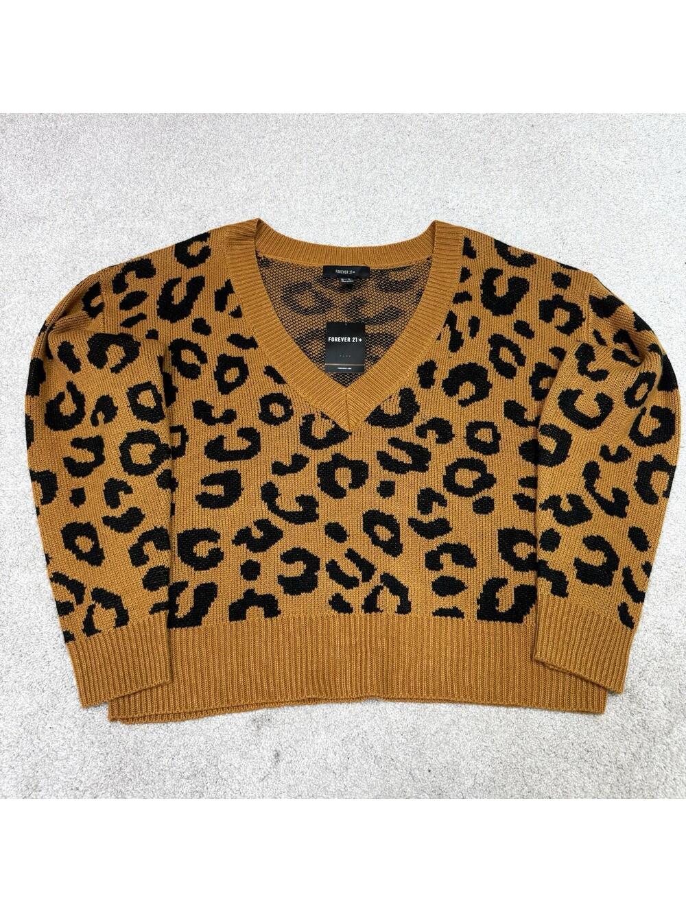 Forever 21 Sweater Brown Black Animal Print Long Sleeve Pullover Size 1X NWT